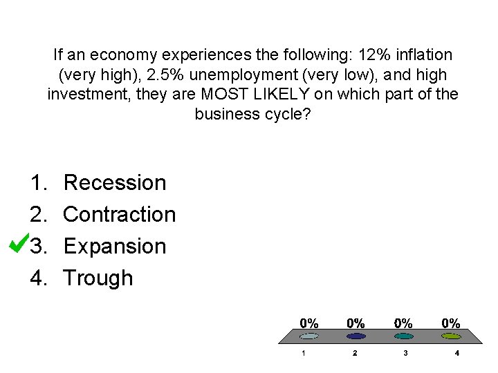 If an economy experiences the following: 12% inflation (very high), 2. 5% unemployment (very