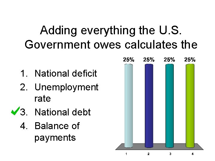 Adding everything the U. S. Government owes calculates the 1. National deficit 2. Unemployment