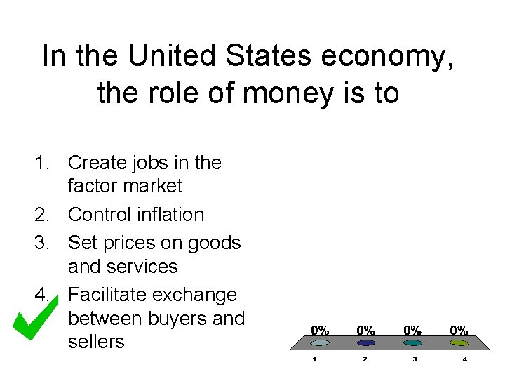 In the United States economy, the role of money is to 1. Create jobs