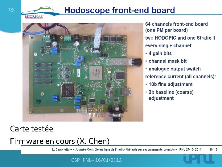 19 Carte testée Firmware en cours (X. Chen) CSP IPNL– 16/01/2015 