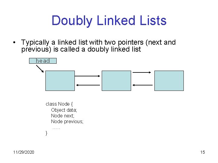 Doubly Linked Lists • Typically a linked list with two pointers (next and previous)