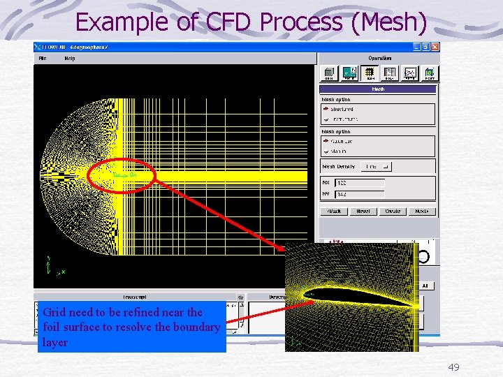 Example of CFD Process (Mesh) Grid need to be refined near the foil surface Example of CFD Process (Mesh) Grid need to be refined near the foil surface