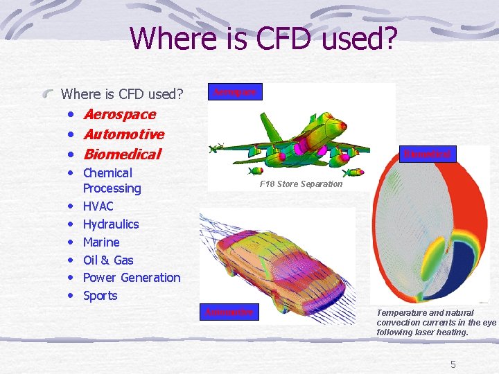 Where is CFD used? Aerospace • Aerospace • Automotive • Biomedical • Chemical • Where is CFD used? Aerospace • Aerospace • Automotive • Biomedical • Chemical •