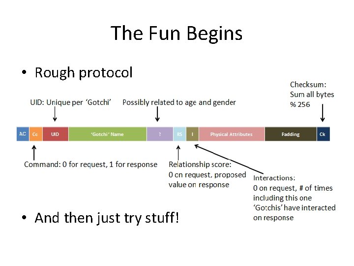The Fun Begins • Rough protocol • And then just try stuff! 
