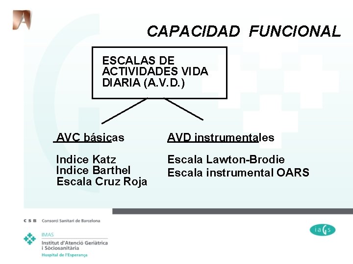 CAPACIDAD FUNCIONAL ESCALAS DE ACTIVIDADES VIDA DIARIA (A. V. D. ) AVC básicas AVD