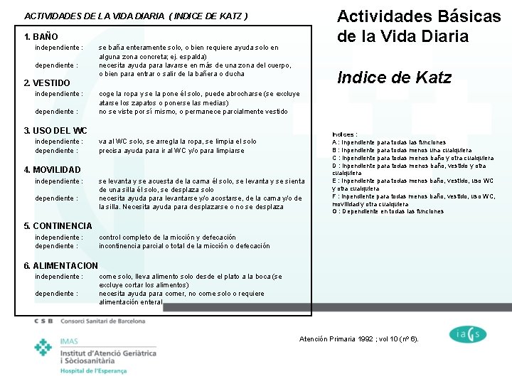 Actividades Básicas de la Vida Diaria ACTIVIDADES DE LA VIDA DIARIA ( INDICE DE