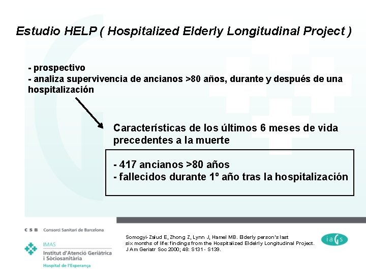 Estudio HELP ( Hospitalized Elderly Longitudinal Project ) - prospectivo - analiza supervivencia de