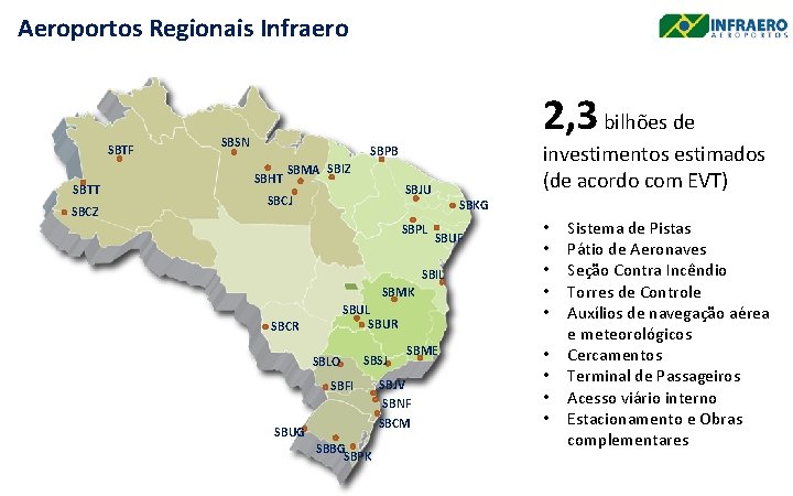 Aeroportos Regionais Infraero SBTF SBTT SBCZ 2, 3 bilhões de SBSN investimentos estimados (de