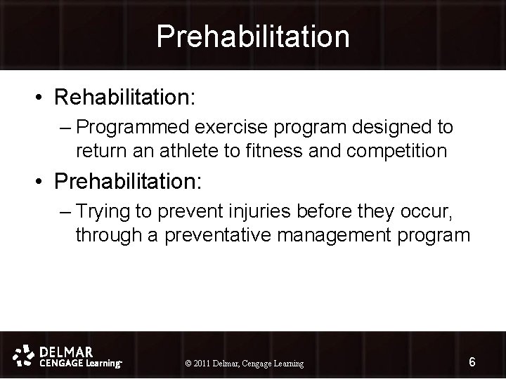 Prehabilitation • Rehabilitation: – Programmed exercise program designed to return an athlete to fitness Prehabilitation • Rehabilitation: – Programmed exercise program designed to return an athlete to fitness