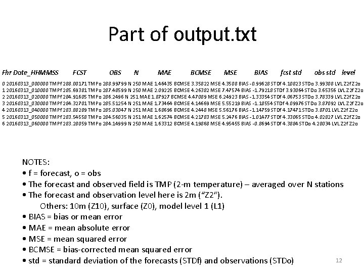 Part of output. txt Fhr Date_HHMMSS FCST OBS N MAE BCMSE BIAS fcst std