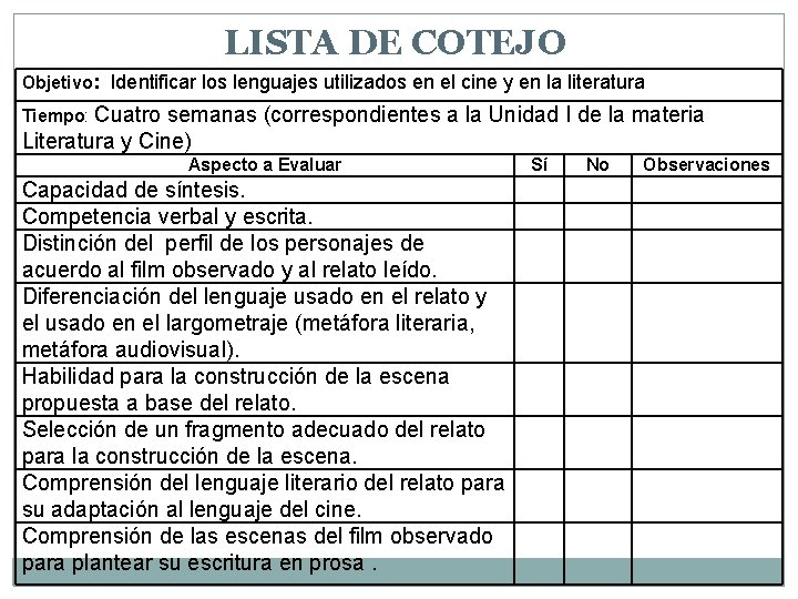 LISTA DE COTEJO Objetivo: Identificar los lenguajes utilizados en el cine y en la