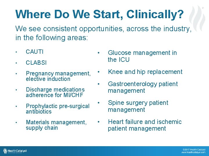 Where Do We Start, Clinically? ® We see consistent opportunities, across the industry, in