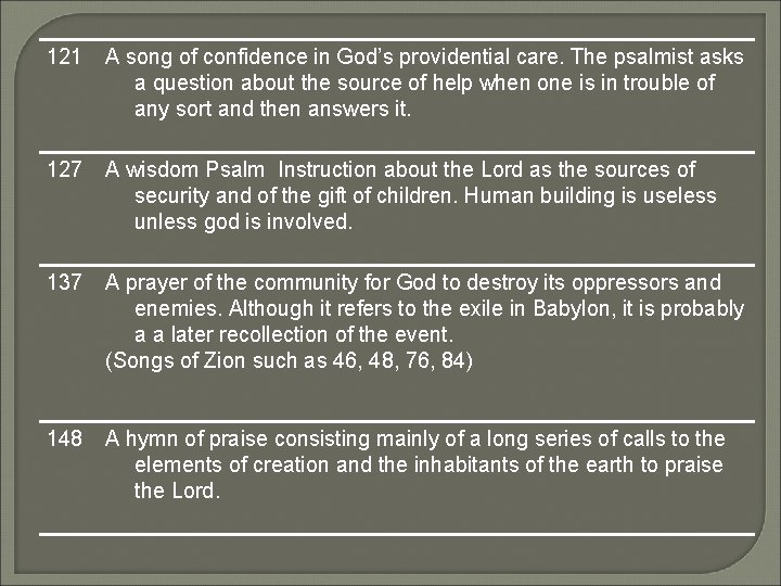 121 A song of confidence in God’s providential care. The psalmist asks a question