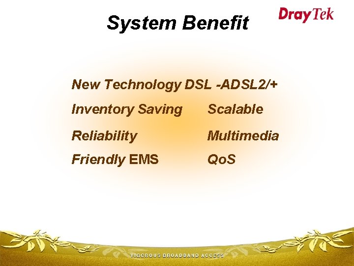 System Benefit New Technology DSL -ADSL 2/+ Inventory Saving Scalable Reliability Multimedia Friendly EMS