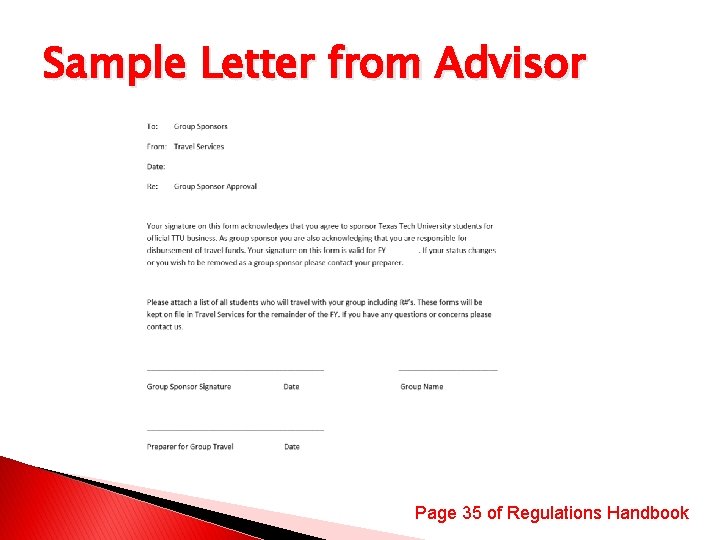 Sample Letter from Advisor Page 35 of Regulations Handbook 