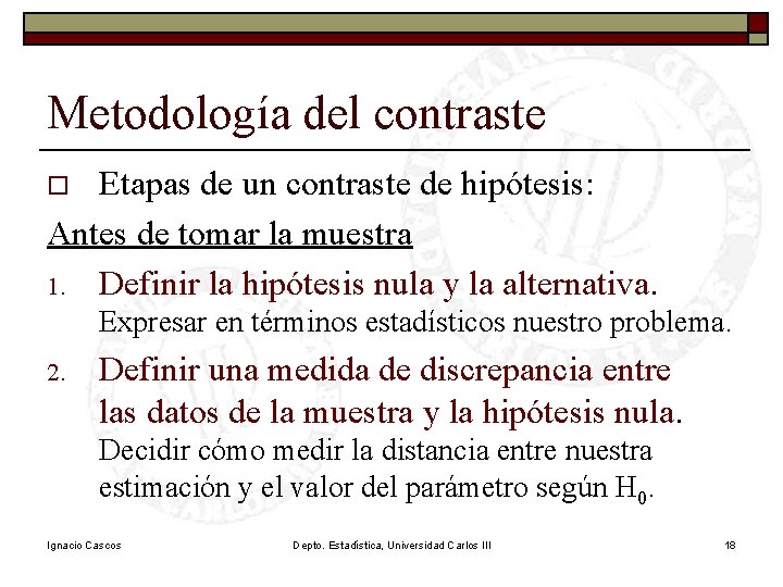 Metodología del contraste Etapas de un contraste de hipótesis: Antes de tomar la muestra