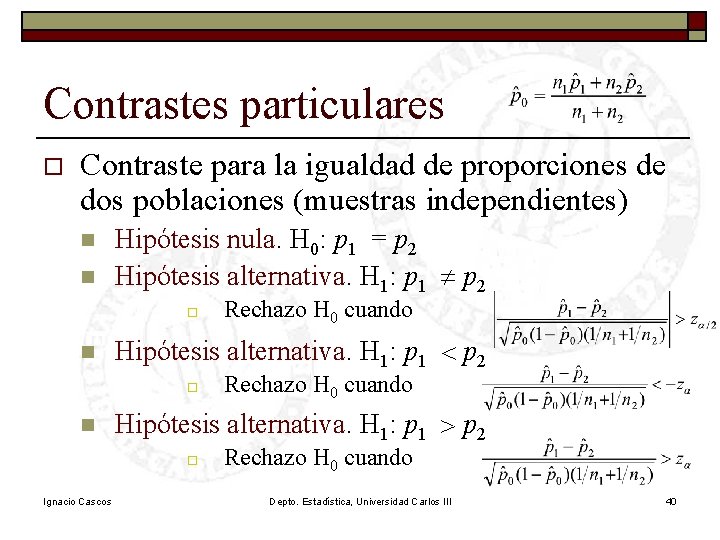 Contrastes particulares o Contraste para la igualdad de proporciones de dos poblaciones (muestras independientes)