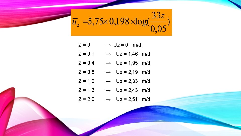 Z = 0 → Uz = 0 m/d Z = 0, 1 → Uz