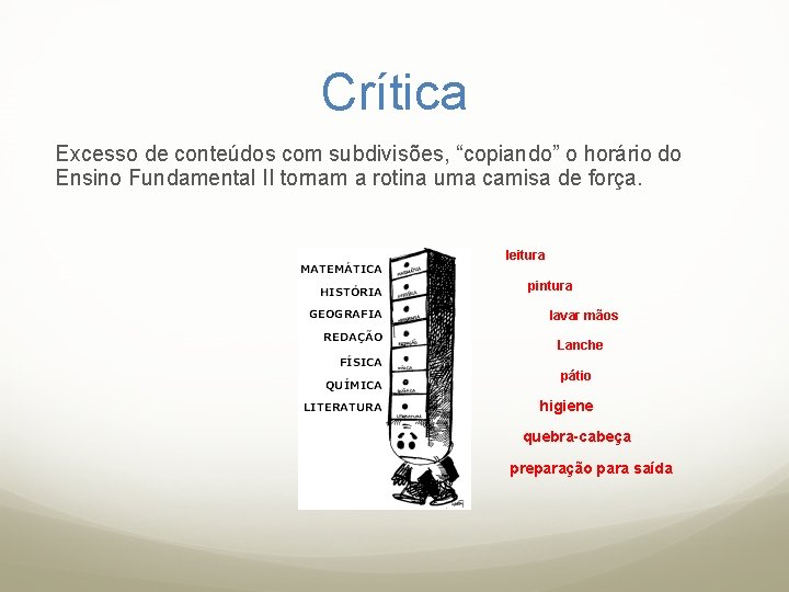 Crítica Excesso de conteúdos com subdivisões, “copiando” o horário do Ensino Fundamental II tornam