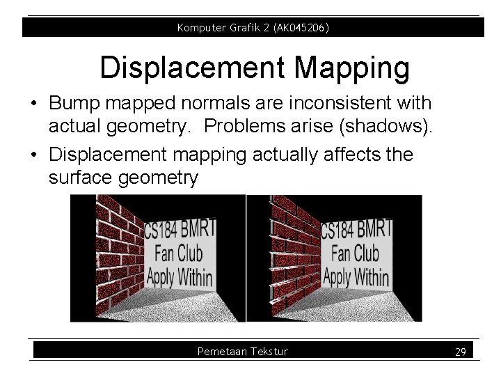 Komputer Grafik 2 (AK 045206) Displacement Mapping • Bump mapped normals are inconsistent with Komputer Grafik 2 (AK 045206) Displacement Mapping • Bump mapped normals are inconsistent with
