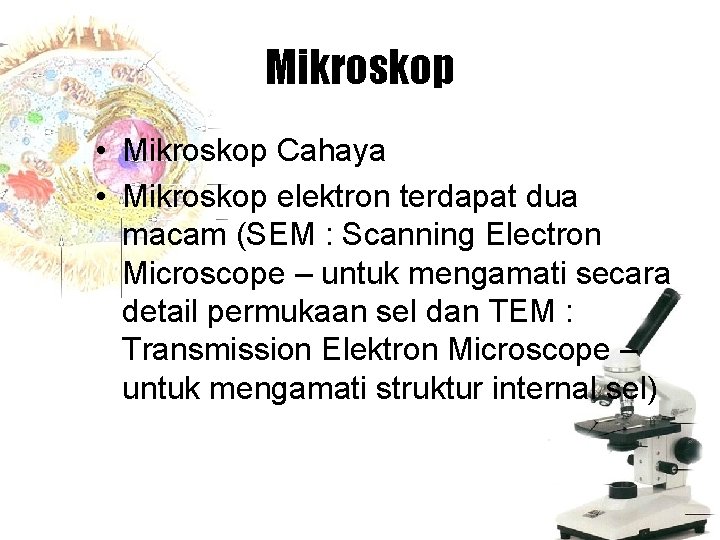 Mikroskop • Mikroskop Cahaya • Mikroskop elektron terdapat dua macam (SEM : Scanning Electron