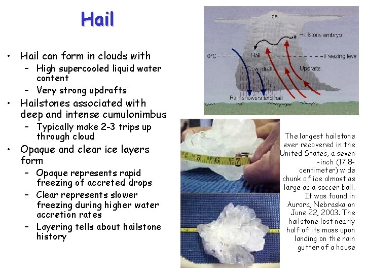 Hail • Hail can form in clouds with – High supercooled liquid water content