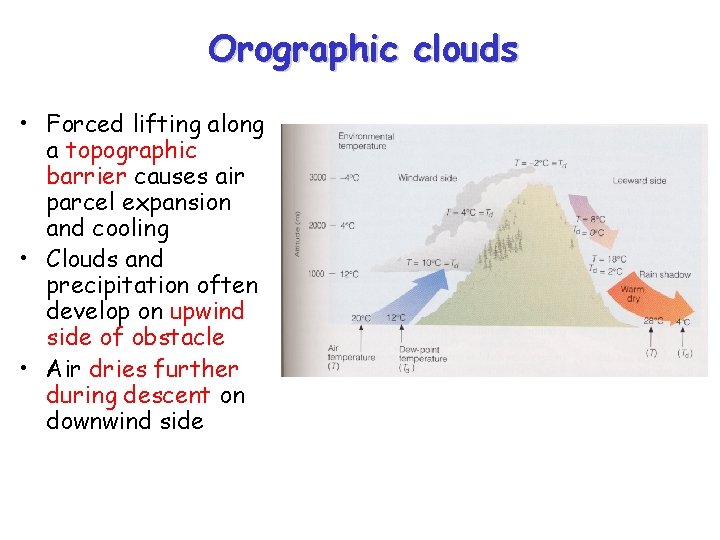 Orographic clouds • Forced lifting along a topographic barrier causes air parcel expansion and