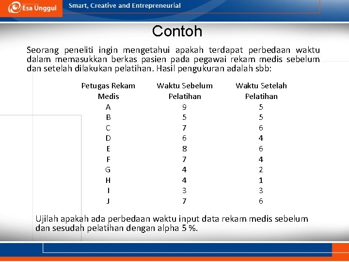 Contoh Seorang peneliti ingin mengetahui apakah terdapat perbedaan waktu dalam memasukkan berkas pasien pada