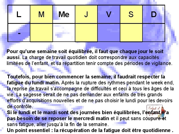 L M Me J V S D Pour qu’une semaine soit équilibrée, il faut