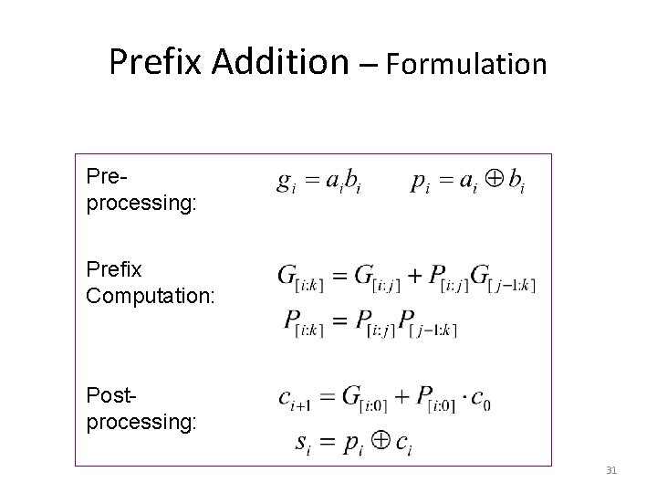 Prefix Addition – Formulation Preprocessing: Prefix Computation: Postprocessing: 31 