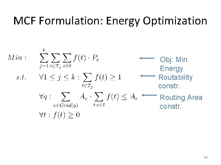 MCF Formulation: Energy Optimization Obj: Min Energy Routability constr. Routing Area constr. 54 