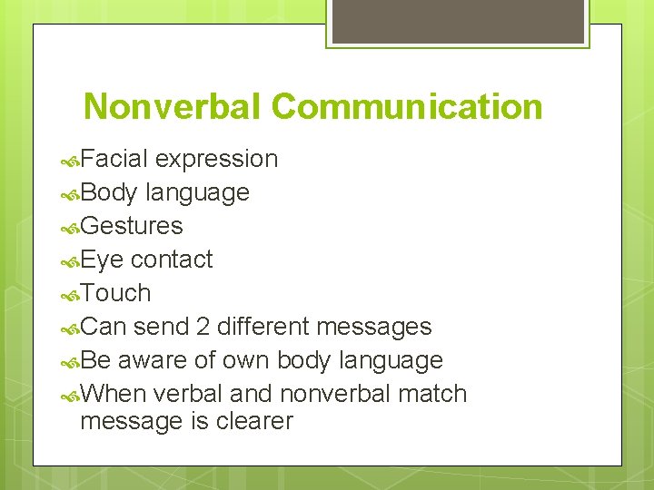 Nonverbal Communication Facial expression Body language Gestures Eye contact Touch Can send 2 different Nonverbal Communication Facial expression Body language Gestures Eye contact Touch Can send 2 different
