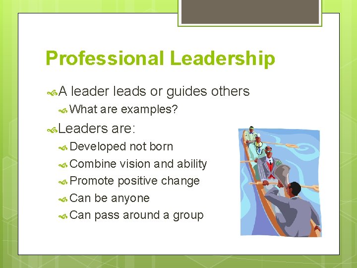 Professional Leadership A leader leads or guides others What are examples? Leaders are: Developed Professional Leadership A leader leads or guides others What are examples? Leaders are: Developed