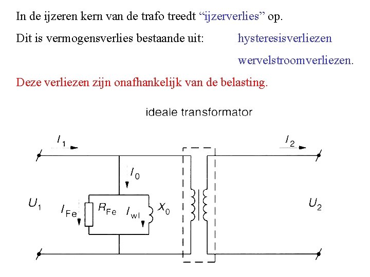 In de ijzeren kern van de trafo treedt “ijzerverlies” op. Dit is vermogensverlies bestaande In de ijzeren kern van de trafo treedt “ijzerverlies” op. Dit is vermogensverlies bestaande