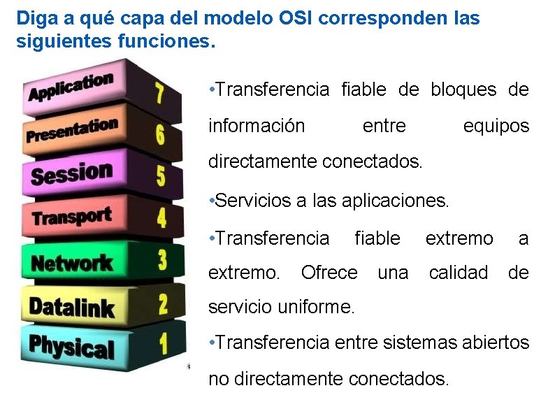 Diga a qué capa del modelo OSI corresponden las siguientes funciones. • Transferencia fiable