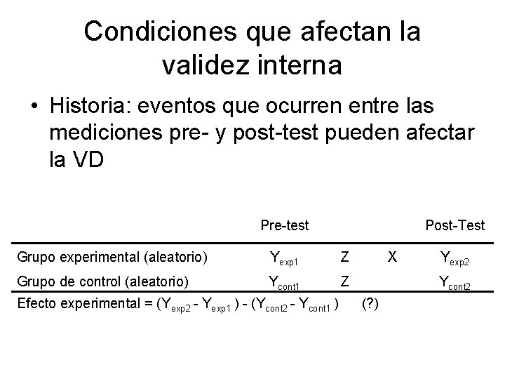 Condiciones que afectan la validez interna • Historia: eventos que ocurren entre las mediciones