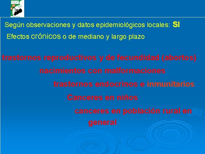 Según observaciones y datos epidemiológicos locales: SI Efectos crónicos o de mediano y largo