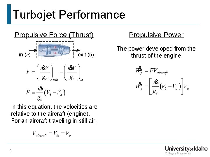 Turbojet Performance Propulsive Force (Thrust) in (a) exit (5) In this equation, the velocities