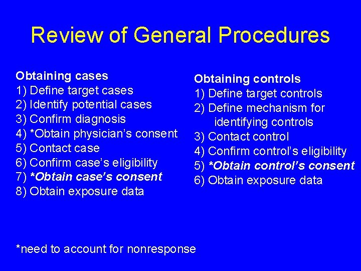 Review of General Procedures Obtaining cases 1) Define target cases 2) Identify potential cases
