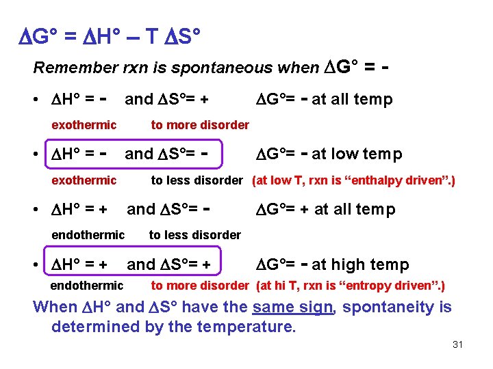  G° = H° T S° Remember rxn is spontaneous when G° = •