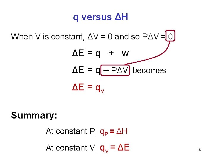 q versus ΔH When V is constant, ΔV = 0 and so PΔV =