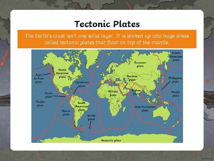 Tectonic Plates The Earth’s crust isn’t one solid layer. It is broken up into