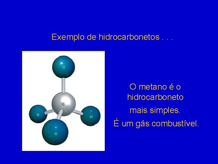 Exemplo de hidrocarbonetos. . . O metano é o hidrocarboneto mais simples. É um