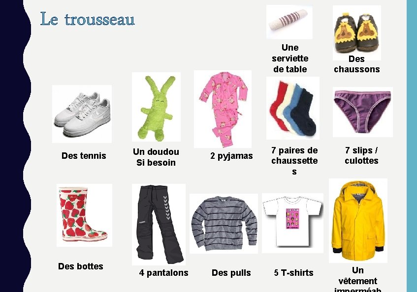 Le trousseau Une serviette de table Des tennis Des bottes Un doudou Si besoin