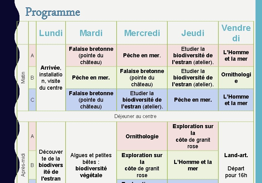 Programme Lundi Matin A Arrivée, installatio B n, visite du centre C Mercredi Jeudi