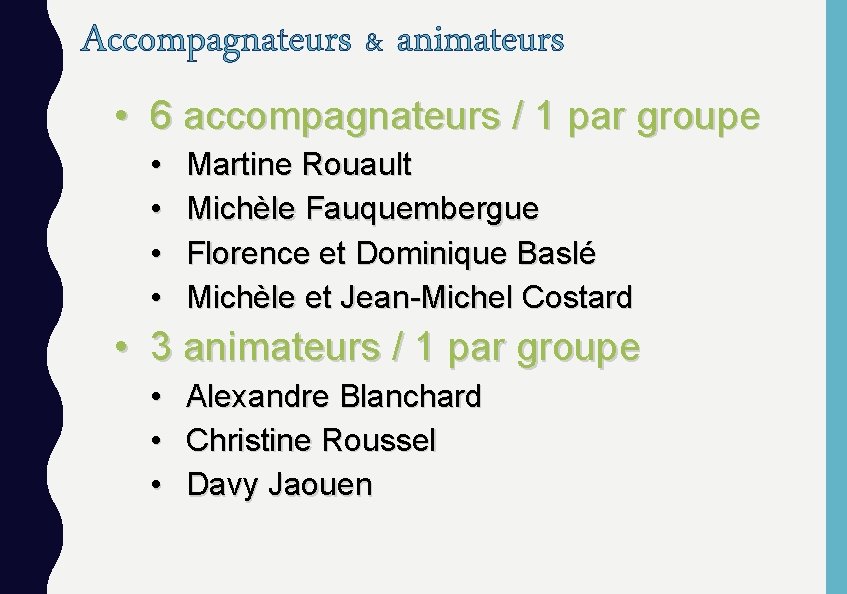 Accompagnateurs & animateurs • 6 accompagnateurs / 1 par groupe • • Martine Rouault