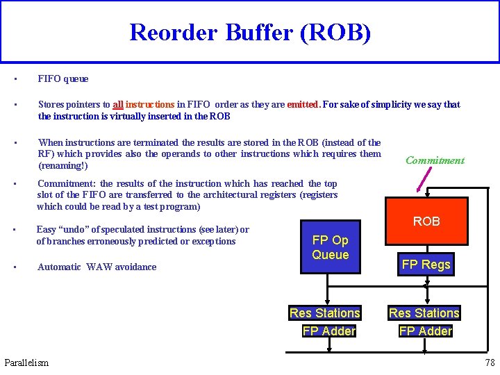 Reorder Buffer (ROB) • FIFO queue • Stores pointers to all instructions in FIFO