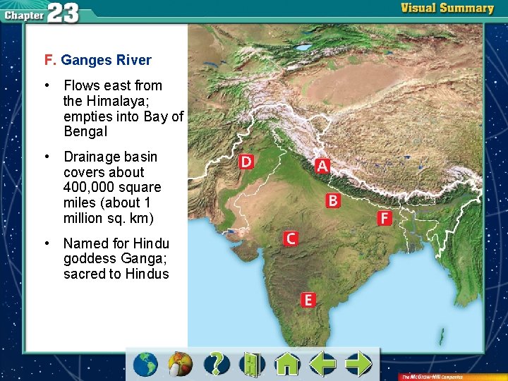 F. Ganges River • Flows east from the Himalaya; empties into Bay of Bengal