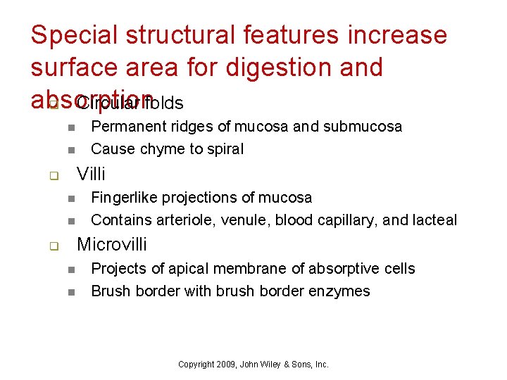 Special structural features increase surface area for digestion and absorption q Circular folds n
