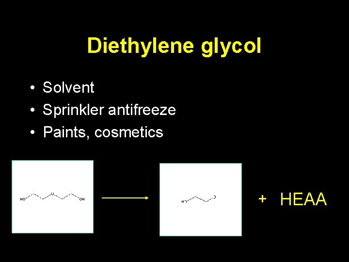 Diethylene glycol • Solvent • Sprinkler antifreeze • Paints, cosmetics + HEAA 